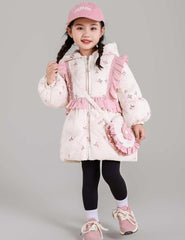 Girls Down Coat Floral Hooded Padded Jacket Kids Outdoor Heavyweight Warm Outerwear