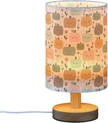 Cartoon Pumpkins Flowers Bedside Table Lamp Small Desk Lamps Linen Fabric Shade Decorative Nightstand Lamp LED with USB Port Wood Base for Bedroom Living Room