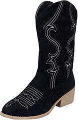 Cowboy Boots for Women Suede Wide Calf Western Cowgirl Booties with Classic Embroidered Slip on Square Toe Vintage Country Riding Boots Side Zipper Retro Chunky Low Heel Short Boot