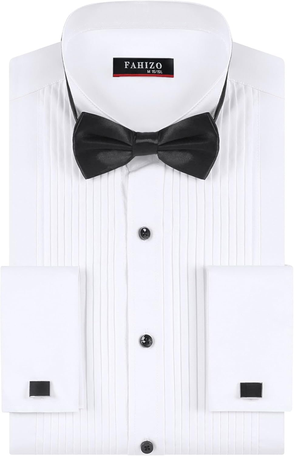 FAHIZO Men's White Tuxedo Shirt with Wing Collar, French Cuffs & Accessories