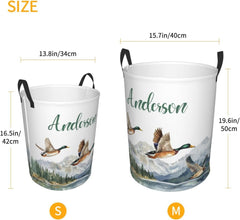 Personalized Laundry Basket for Nursery, Custom Nursery Laundry Hamper with Name, Customize Mallard Duck Baby Clothes Circular Hamper for Boys Girls Room Decor