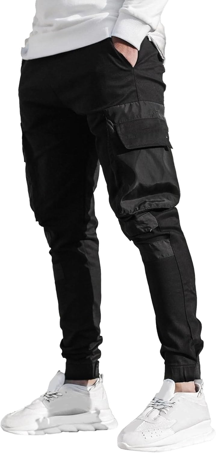 DGHM-JLMY Men's Skinny Cargo Pants Streetwear Hip Hop Joggers Sweatpants Splicing Pockets Tapered Pencil Pant
