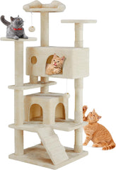 54'' Cat Climbing Frame, Multi-Level Cats Tree Tower, Pet Activity Center with Large Apartment, Anti-Tipping Devices (Beige)
