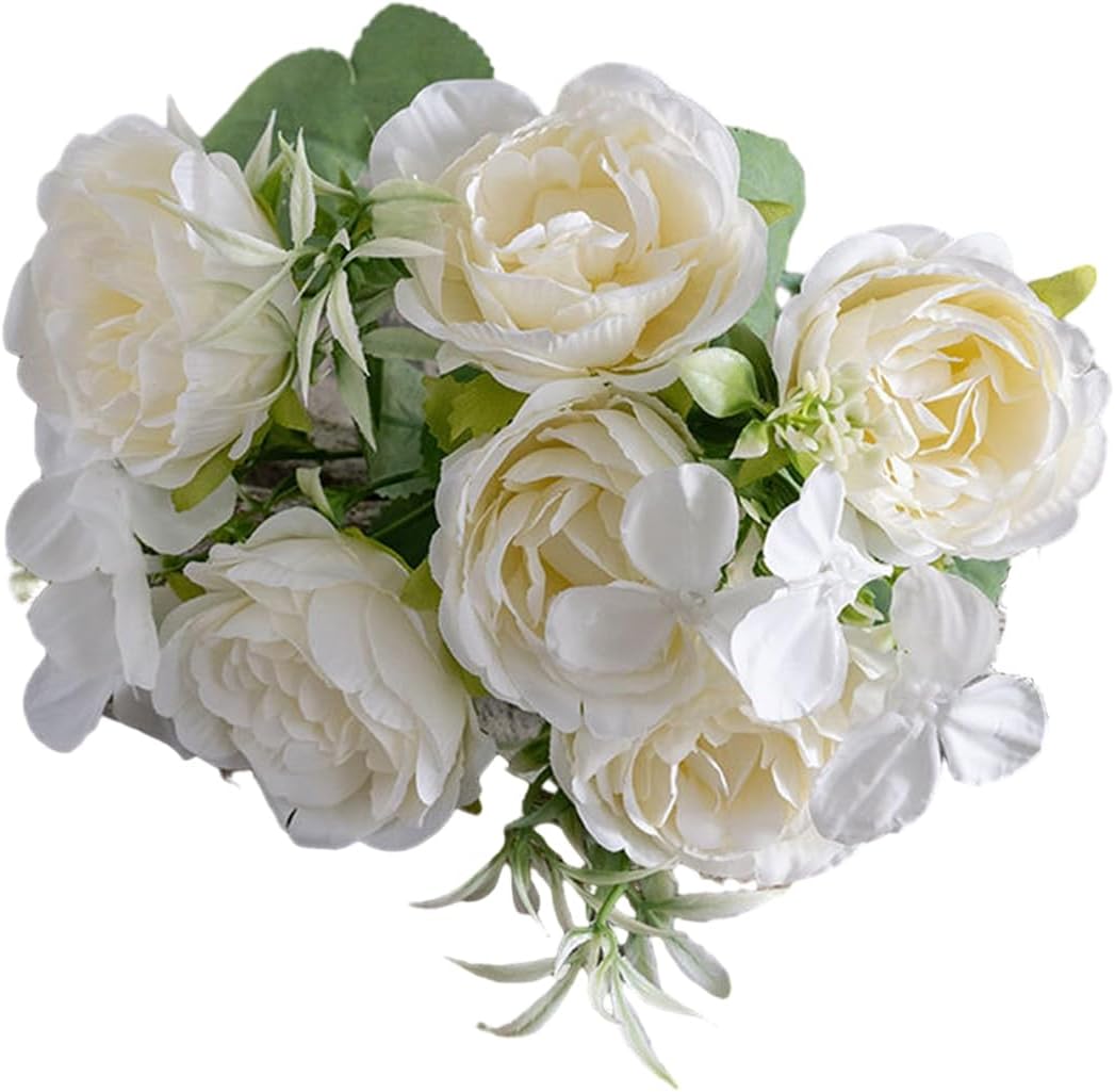 Artificial Flowers Fake Flower,Peony Flower Branch with Green Leaves Stem Realistic Reusable Faux Floral Plant Home Decoration Wedding Party Photo Props Yellow