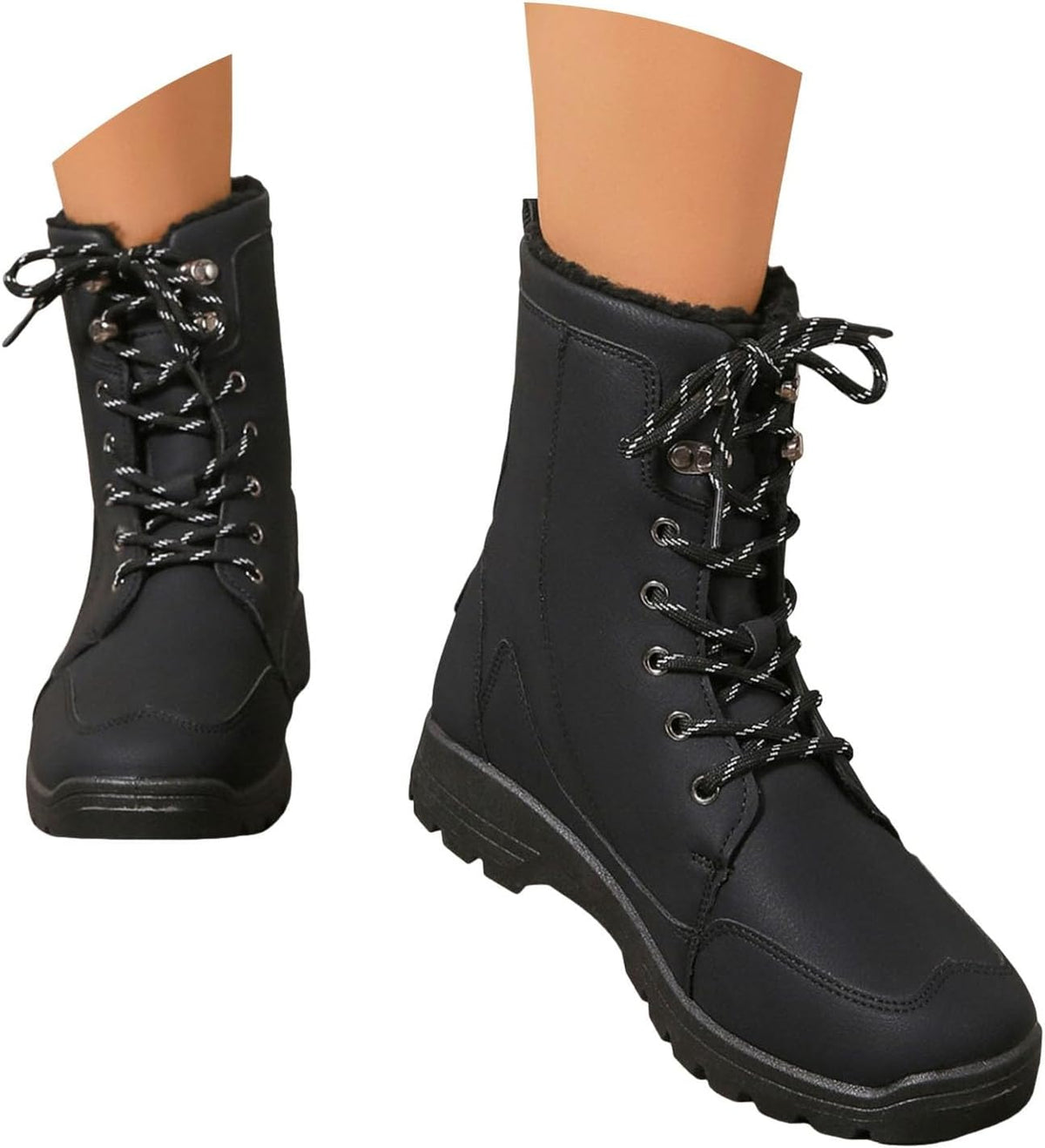 Womens Winter Snow Boots Women's High Top Plus Velvet Warm Lace Up Platform Lug Sole Booties Fashion Outdoor Casual Non-Slip Mid Calf Boots Comfortable Pull On Booties Walking Shoes