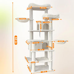 Anwick 68" Tall Cat Tree Tower with Scratching Posts, Cat House with Hammocks, Cat Condos for Indoor Cats, Removable Cushions, Multi-Level Cat Playground (Beige)