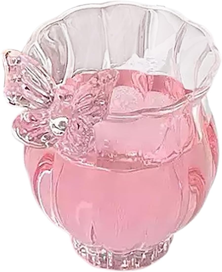 belupai Coffee Cup Mug with Saucer, 5oz Clear Butterflys Glass Cup Creative Iced Coffee Glasses Striped Flower Shape Drink Cups Tea Cup Demitasse for Iced (Narcissus single cup)