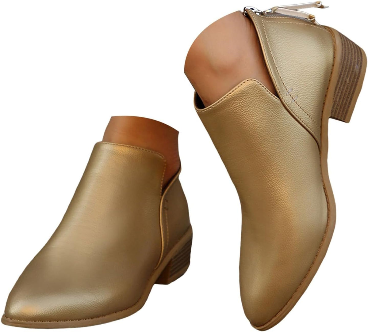 Women's Pointed Toe Leather Stacked Heel Western Ankle Bootie Womens Ankle Boots Fashion Side V Cut Rear Zipper Low Chunky Heel Stylish Casual Short Western Booties Pull On Work Shoes