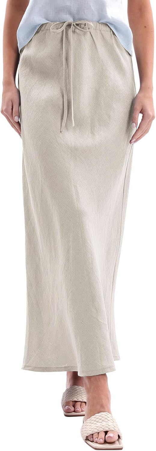 Amazhiyu Women's 100% Linen Drawstring A-Line Midi Skirt for Casual Summer Spring