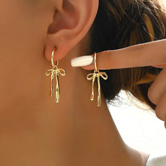 Gold Bow Earrings for Women Ribbon Bowknot Dangle Drop Earrings Pearl Bow Earring Christmas Jewelry Gifts for Women