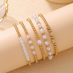 Gold Beaded Bracelet Set for Women Chunky Stretch Paperclip Cross Stack Non Tarnish