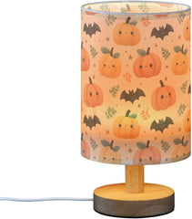 Cute Pumpkins Bats Leaves Bedside Table Lamp Small Desk Lamps Linen Fabric Shade Decorative Nightstand Lamp LED with USB Port Wood Base for Bedroom Living Room