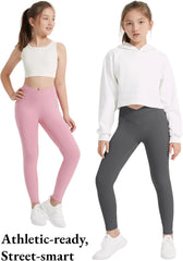 EXARUS 4 Pack Girls Leggings Teen Yoga Pants Crossover V Waist Ankle/Full Length High Waisted for Sports Tween Casual