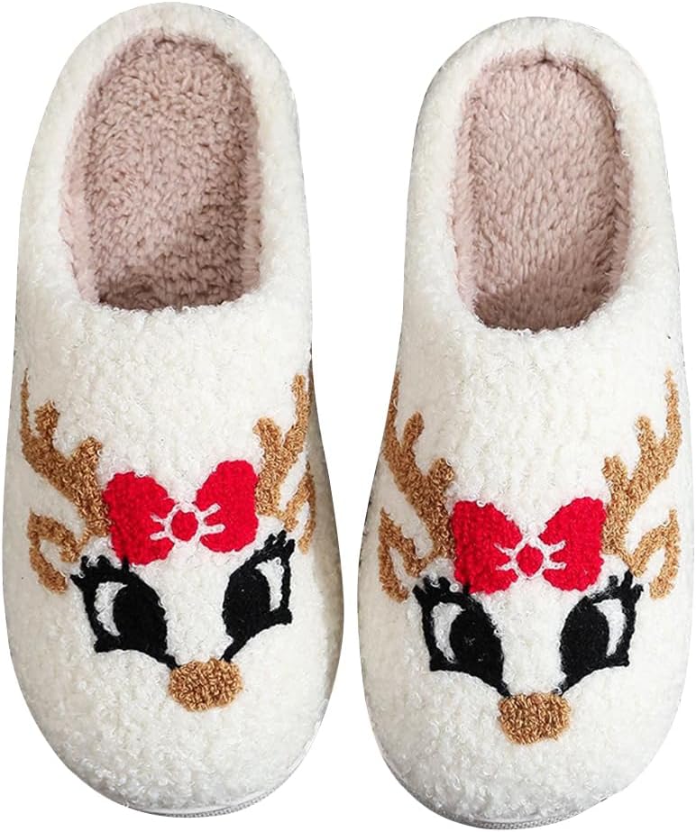 Christmas Slippers Reindeer for Womens Mens Soft Plush Comfy Warm Fuzzy Slippers Red Moose Santa Claus Indoor Outdoor Slip On House Slippers Christmas Gifts