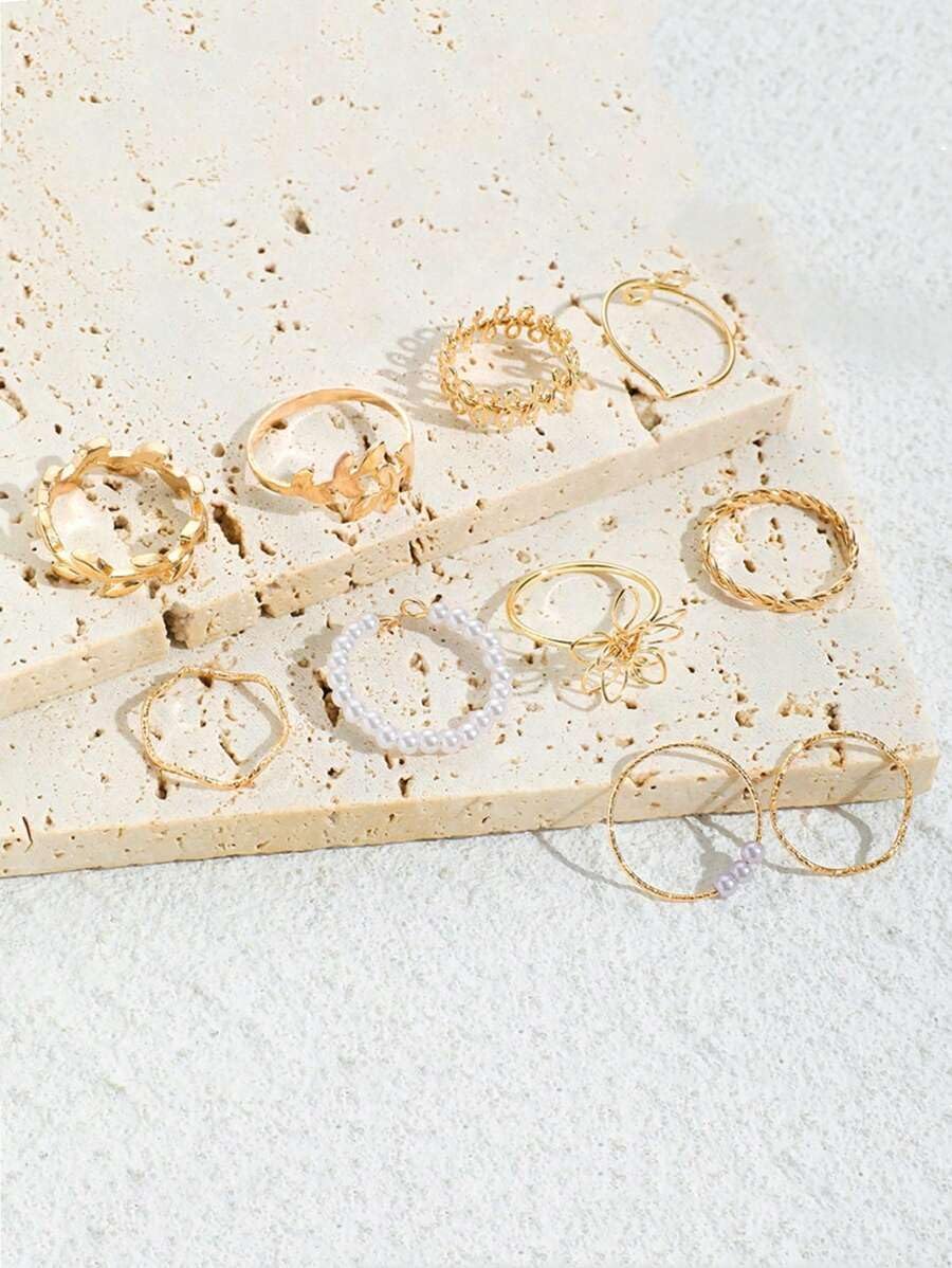 10pcs Hollow Flower Leaf Faux Pearl Rings Set for Women