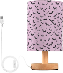Purple Bat Silhouettes Bedside Table Lamp Small Desk Lamps Linen Fabric Shade Decorative Nightstand Lamp LED with USB Port Wood Base for Bedroom Living Room
