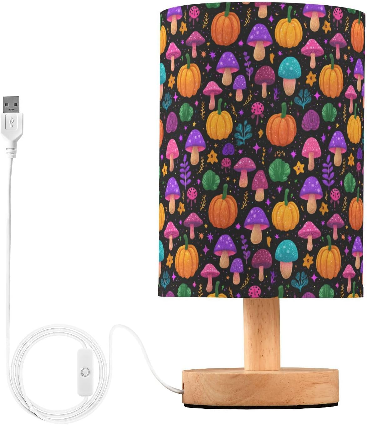 Glowing Pumpkins Mushrooms Bedside Table Lamp Small Desk Lamps Linen Fabric Shade Decorative Nightstand Lamp LED with USB Port Wood Base for Bedroom Living Room