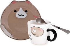 Hinomaru Collection Cute Neko Kitten Cats 8 fl oz Teacup with Spoon and Saucer Set Coffee Latte Hot Beverage Mug With Stirring Spoon (Brown Cat)