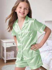 Boys Girls Pajamas 3 Piece Silky Satin Pajama Set Button Down Soft Sleepwear Loungwear, 4-14 Years