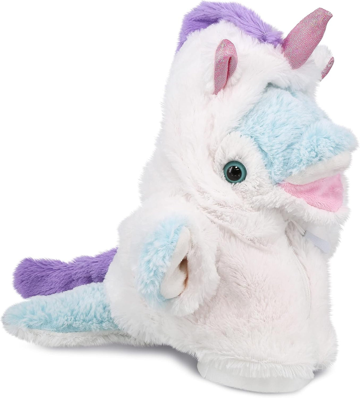 DolliBu Dolphin Unicorn Plush Stuffed Animal Hand Puppet Toy - Super Soft Dolphincorn Dress Up with Removable Plush Unicorn Outfit, Cute Fantasy Ocean Life Gift with Name Personalization - 12 Inches