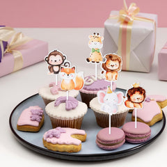 34 PCS Cartoon Animals Cupcake Toppers, Cute Animals Cake Toppers Jungle Baby Party Decorations Safari Theme Cupcakes Topper for Baby Shower Boys Kids Nursery Wild Party Supplies