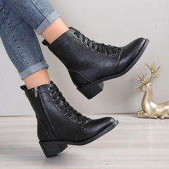 Women's Ankle Boots Lace up Fashion Combat Booties Fall Winter Low Chunky Heel Side Zipper Platform Lug Sole Motorcycle Boots Outdoor Non-Slip Pointed Toe Leather Booties for Women