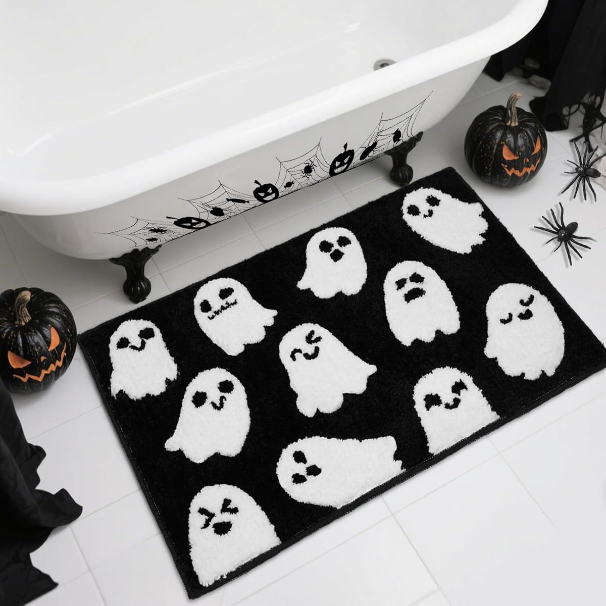 Halloween Bathroom Rug Spooky Black White Ghost Bath Mat for Halloween Bathroom Decor Non-Slip Washable Ghost Bath Rug for Front Doormat, Bedroom Rug Decor 20 X 31 Inch