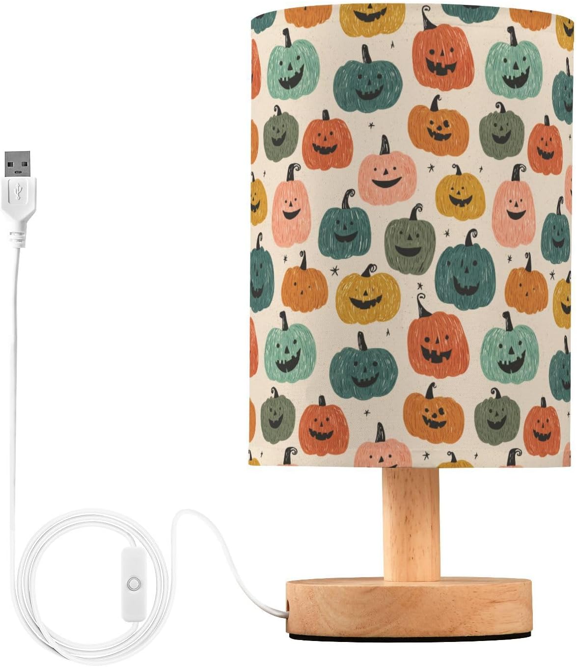 Doodle Style Pumpkins Bedside Table Lamp Small Desk Lamps Linen Fabric Shade Decorative Nightstand Lamp LED with USB Port Wood Base for Bedroom Living Room