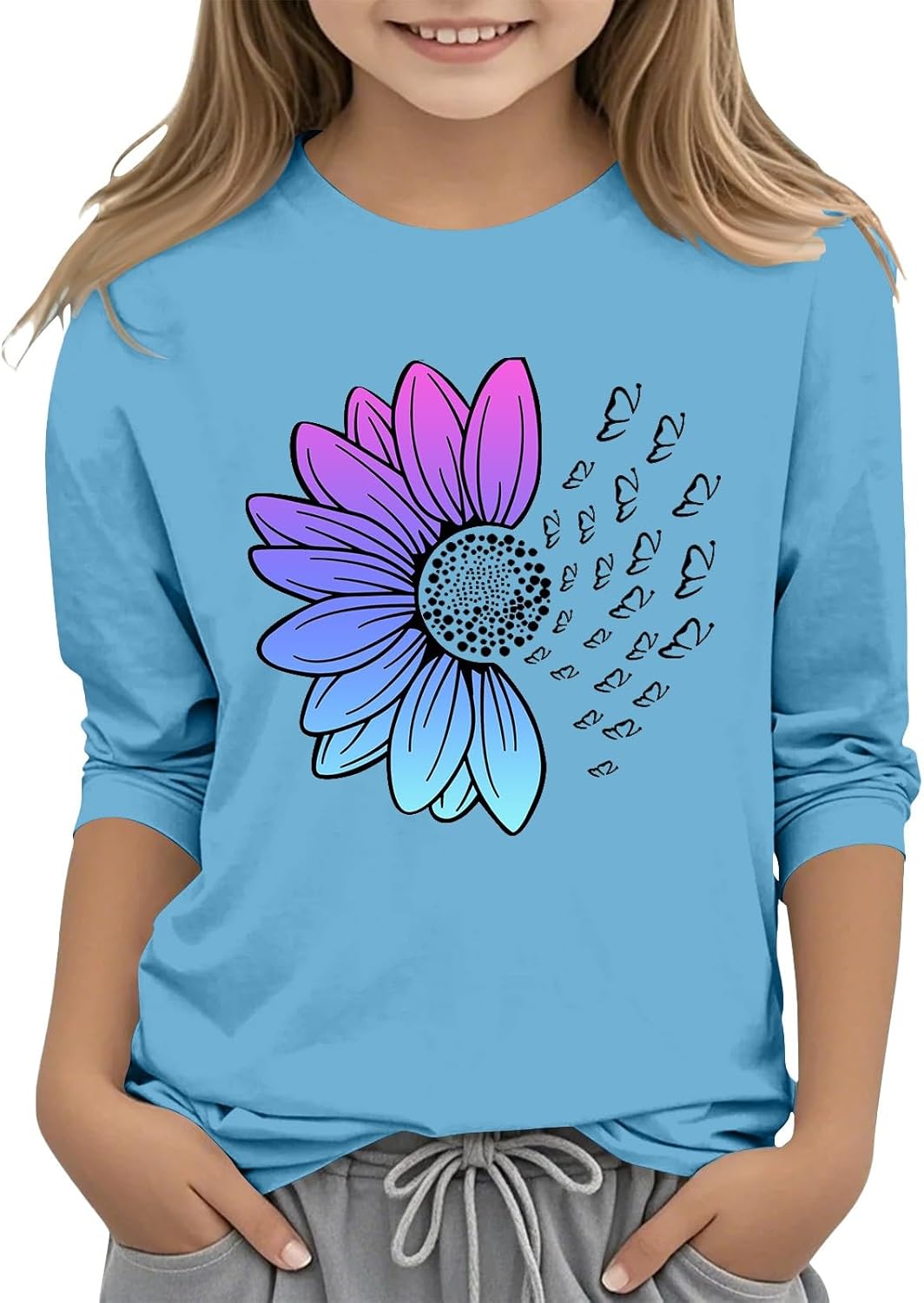 Girls Blue Tshirt Casual Solid Color Round Neck Seven Cuff T Shirt Top 3 13 Years Girls Blue Tshirt