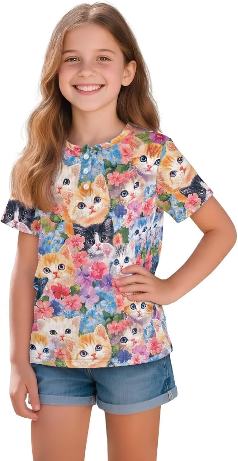 DISNIMO Girls Short Sleeve Henley Shirt Button Up Tees Tops Casual Outfits