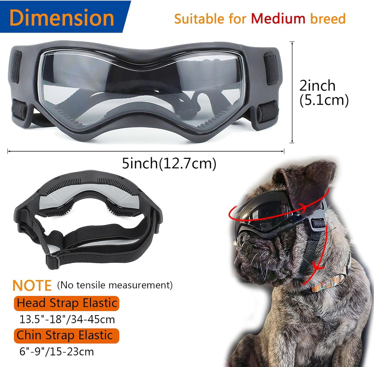 Dog Goggles for Medium Dogs, Dog Sunglasses Medium Breed, Dog Glasses UV Protection Wind Protection Dust Protection with Adjustable Strap for Medium Breed (Medium Black)