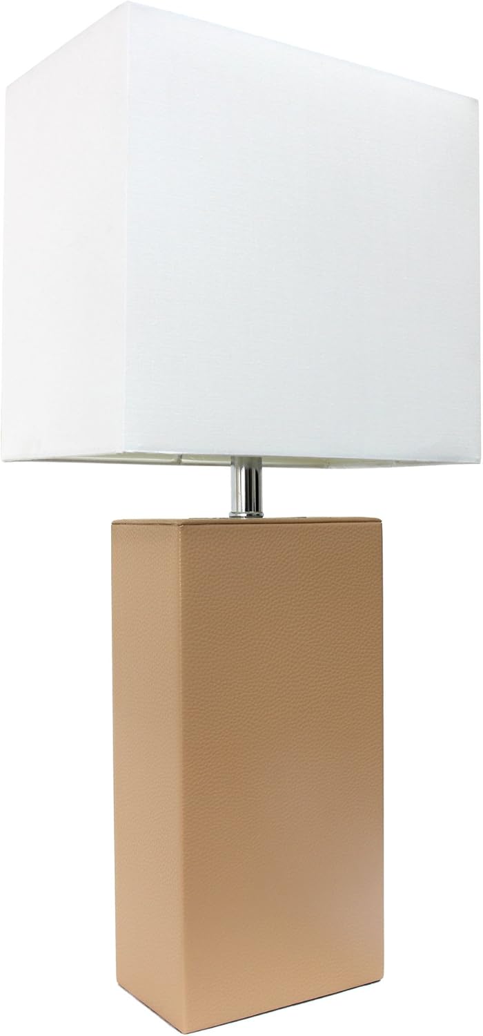 Elegant Designs LT1025-WHT Modern Leather Table Lamp with White Fabric Shade, White