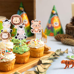 34 PCS Cartoon Animals Cupcake Toppers, Cute Animals Cake Toppers Jungle Baby Party Decorations Safari Theme Cupcakes Topper for Baby Shower Boys Kids Nursery Wild Party Supplies