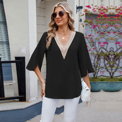 Elegant ‌Women's 3/4 Sleeved Top‌ Embroidered Lace V-Neck‌ Blouse‌ Ideal for Office & Casual Shirt Wear