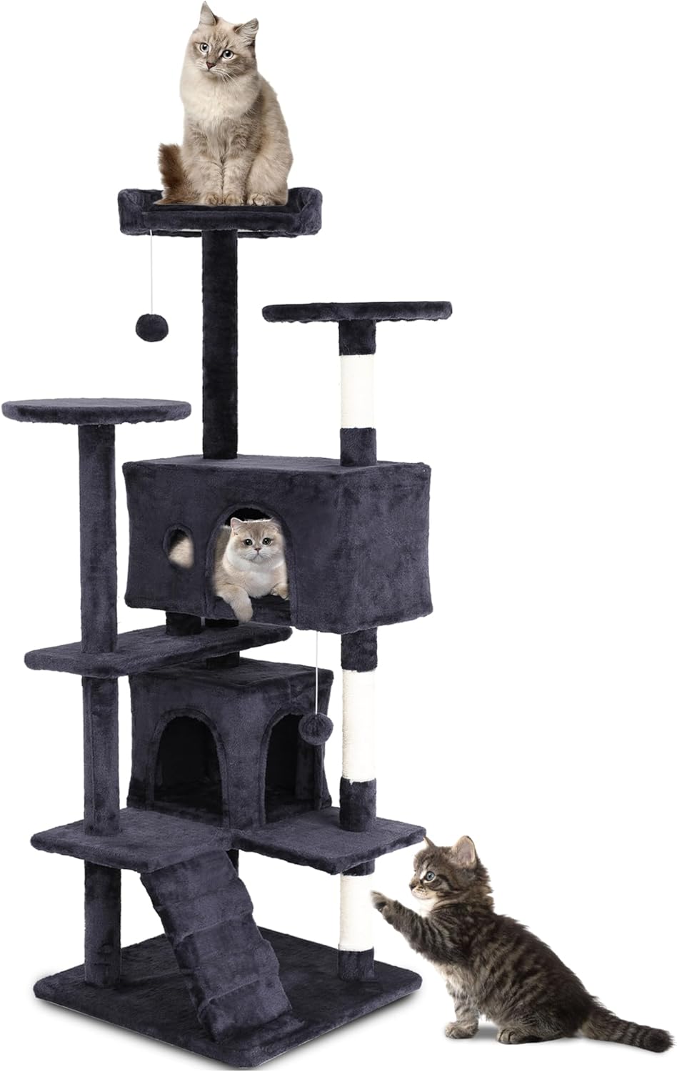 Cat Tree Tower, Sisal-Covered Scratching Posts, Condo, Hammock, Dangling Ball, and Extended Platform, Big Cat House & Furniture, 54" Tall, Beige
