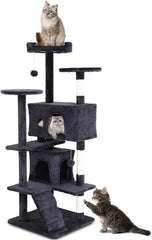 Cat Tree Tower, Sisal-Covered Scratching Posts, Condo, Hammock, Dangling Ball, and Extended Platform, Big Cat House & Furniture, 54" Tall, Beige