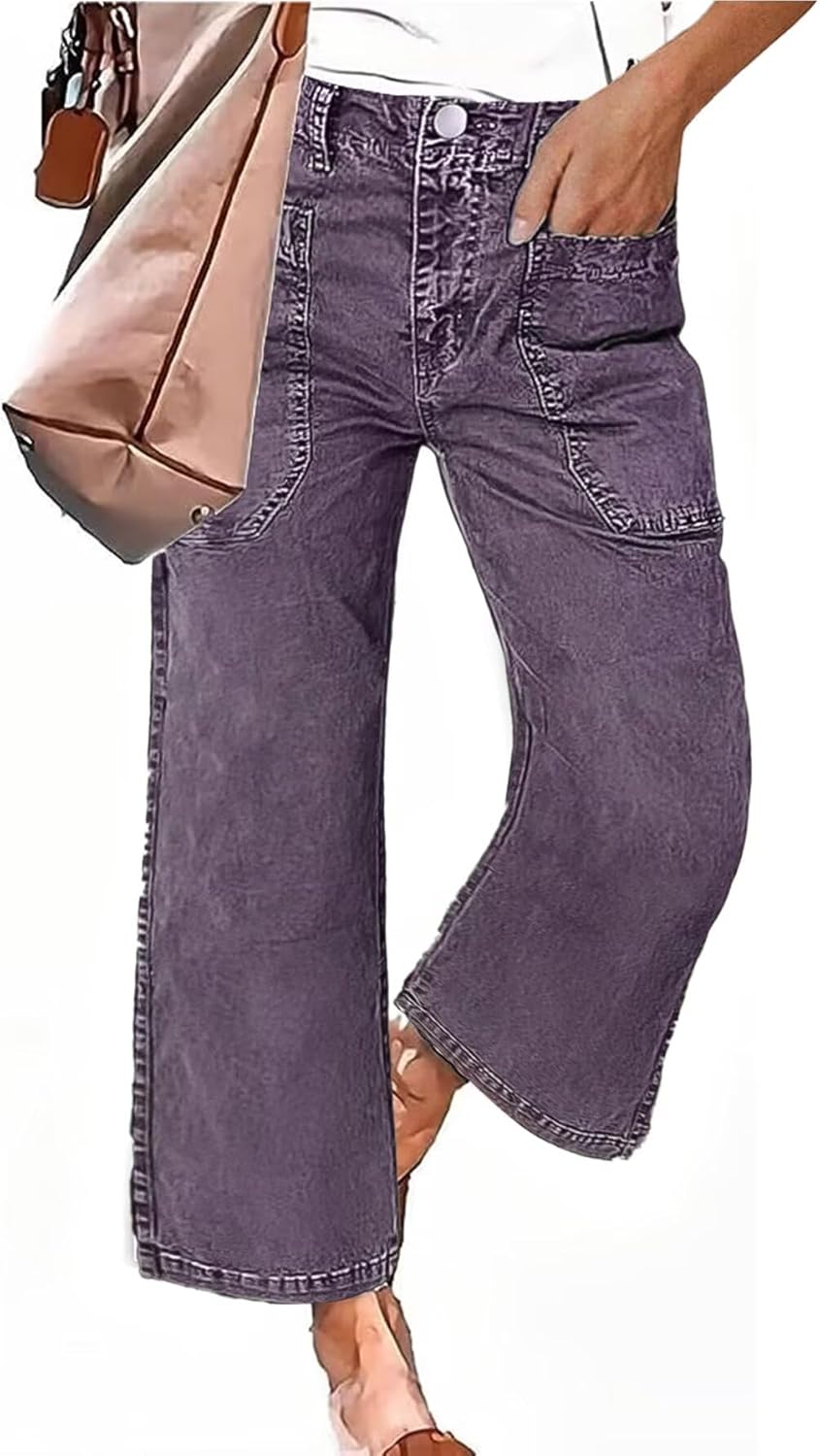Flamingals Straight Wide Leg Jeans for Women Mid Waisted Casual Raw Hem Denim Capris Pants with Pockets