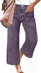 Flamingals Straight Wide Leg Jeans for Women Mid Waisted Casual Raw Hem Denim Capris Pants with Pockets