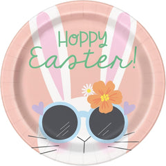 Unique Pink Cool Bunny Hoppy Easter! Round Paper Dinner Plates - 9" (Pack of 8) - Festive Easter Design, Perfect for Easter Celebrations and Spring Festivities