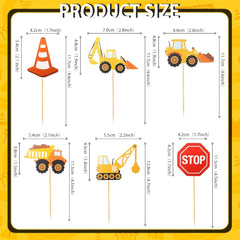 24 Pcs Construction Cupcake Toppers, Excavator Stop Sign Tractor Dump Truck Architectural Birthday Cake Decorations for Construction Theme Baby Shower Kids Birthday Party Supplies