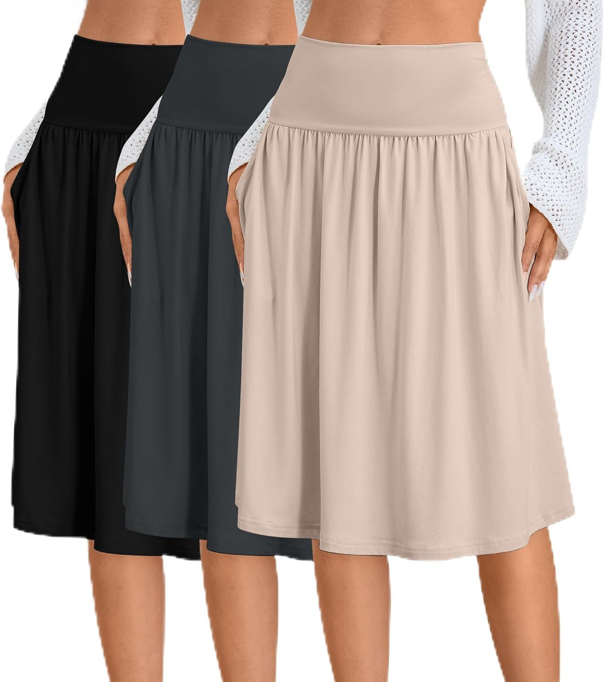 Ficerd 3 Pack Women's Knee Length Casual Skirts with Pockets, Flared High Waisted Midi Pleated Flowy a Line Summer Skirts