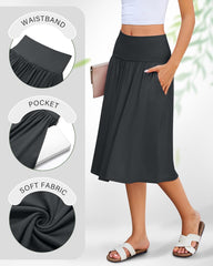Ficerd 3 Pack Women's Knee Length Casual Skirts with Pockets, Flared High Waisted Midi Pleated Flowy a Line Summer Skirts