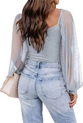 Elegant Sheer Polka Dot Blouse Long Lantern Sleeves Casual & Chic Shirt Squareneck Night Out Top