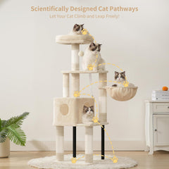 Heybly Cat Tree, 49.2 Inches Cat Tower for Indoor Cats, Spacious Cat House Condo with Hidden Space，Sturdy Steel Tube，Soft Plush Top Perch，Cozy Hammock and Sisal Scratching Posts, Light Gray HCT200SW