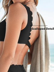 CUPSHE Women's Bikini Sets Two Piece Bathing Suit One Shoulder Mid Rise Scalloped Wide Strap Back Hook