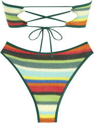 ZAFUL Women Strapless Textured Bandeau Bikini 2 Piece Swimwear Cheeky Solid Lace up Bathing Suits