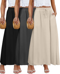 Ficerd 3 Pack Women's Maxi Long Skirts, Ankle Length a Line Elastic High Waist Summer Casual Drawstring Skirts with Pockets