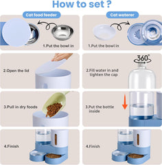 2 Pack Automatic Cat Feeder Stainless Steel Water Dispenser Gravity Food Feeder and Waterer Set with Pet Food Bowl for Small Medium Kitten Puppy Pets Large Capacity(Grey)