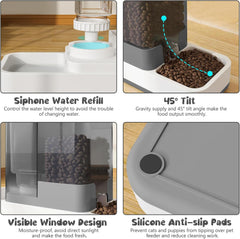 Automatic Cat Feeder and Water Dispenser, 2 in 1 Gravity Pet Food Feeder and Water Dispenser Detachable Cat Food Dispenser for Small Dogs and Cats, Gray