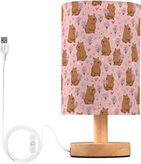 Brown Capybaras Flower Bedside Table Lamp Small Desk Lamps Linen Fabric Shade Decorative Nightstand Lamp LED with USB Port Wood Base for Bedroom Living Room